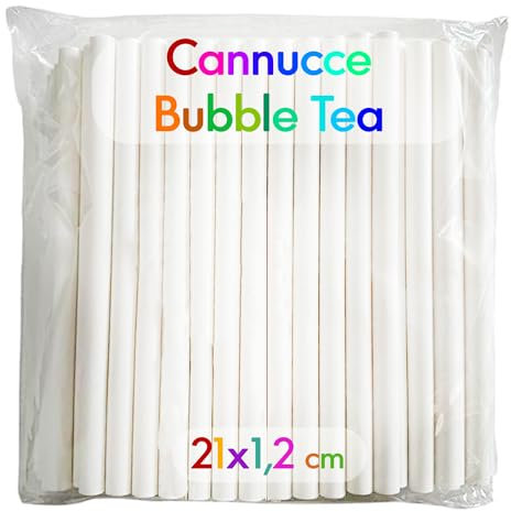 100 Maxi Cannucce Dritte in Carta, Colore Bianco, Misura 21x1,2 cm, Cannucce Grandi ideali per Bubble Tea, Frullati, Bevande Fresche, Cannucce in Carta Monouso per Bubble Tea