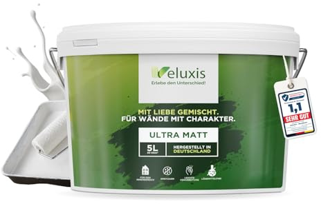 Veluxis® Peinture murale blanche de haute qualité pour intérieur – 5 litres & classe de pouvoir couvrant 1, sans traces, peu de gouttes & peinture écologique, sans COV