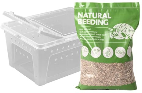 Flushbay Reptile Feeding Box Turtle Transport Breeding Box Egg Incubator Container with 1.1lb Reptile Substrate Vermiculite Bedding for Snake Tortoise Lizard Hatching Eggs