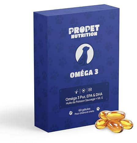 Omega 3 Chien et Chat. 60 Capsules. 100% Huile de Poisson pour Chien et Chat + Vitamine E. Améliore la Peau, Les Articulations et Le Cœur. Riche en DHA et EPA. Renforce Le système immunitaire