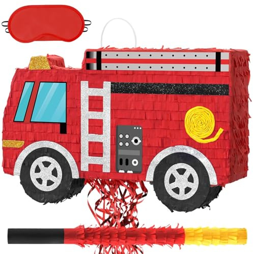 WERNNSAI Piñata de Camión de Bomberos - Paquete de Piñata de Coche Rojo de Bomberos Decoraciones de Cumpleaños de Camión de Bomberos con Palo de Venganza Decoraciones de Fiesta de Cumpleaños de