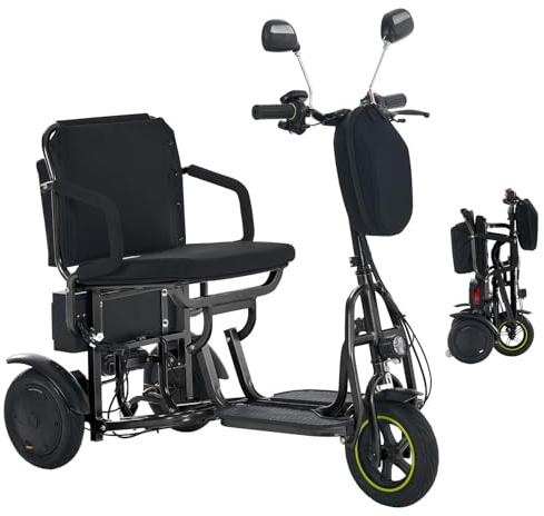 3-Wheel Folding Mobility Scooter Foldable Lightweight Electric Scooter for Adults & Seniors, Detachable Lithium Battery, Long Range 28 Miles, 3-Speed, with Rearview Mirror & Turn Signal (Black)