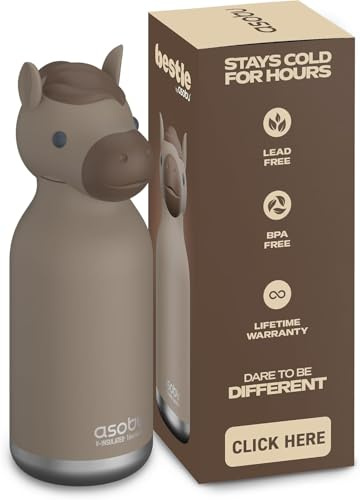 ASOBU Bestie Kindertrinkflasche mit Strohhalm – Isolierte Edelstahlflasche 420ml mit Pferdekopf– Auslaufsicher & BPA-frei