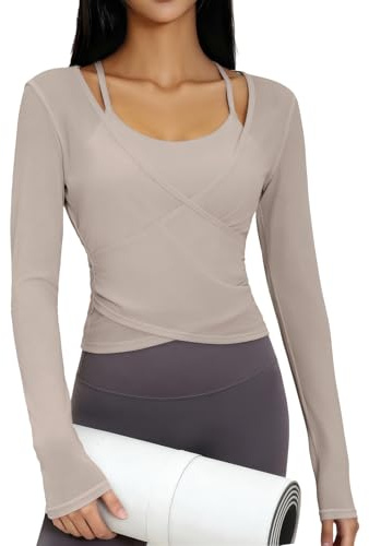 Top Yoga Donna Maglia Sportiva Collo Halter Maniche Lunghe Rete Orlo Irregolare con Coppa Rimovibile