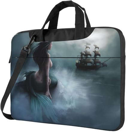 BLWSLC 600D Oxford Panno Antiurto Del Computer Portatile Borsa A Tracolla Sirena Ragazza E Vela sul Mare Pirata Nave Stampato Borsa Tote Del Computer Portatile Per Uso quotidiano, Nero , 14 inch