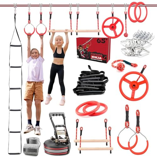 Ninja Line - Kit Parcours Obstacles 32 Pièces - Slackline 11m avec Anneaux, Barres et Poings de Singe - Jeu de Plein Air Ninja Warrior pour Enfants & Adultes - Sac Inclus
