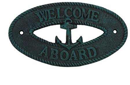 Hampton Nautical Seaworn Blue Welcome Aboard with Anchor Sign 8-Decorative Metal Wall Art-Cast Iron Nautical
