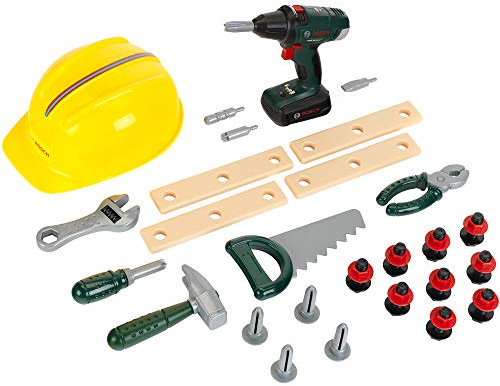 Theo Klein 8417 Bosch Handwerker-Set, 37-teilig I Kinder-Akkuschrauber mit Licht & Sound I Werkzeug und Werkbank- Zubehör wie Hammer, Säge, Bauarbeiter-Helm u.v.m. I Spielzeug für Kinder ab 3 Jahren