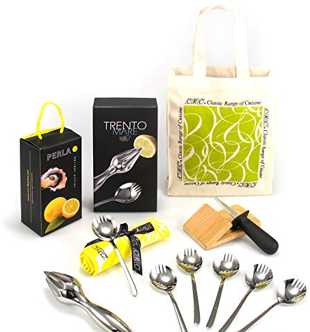 FranquiHOgar - Set di ostriche premium 7 pezzi - Coltello aprire, stecca in legno, 6 cucchiai/forchette in acciaio inox, spremiagrumi, asciugamano per mani, argento, metallo