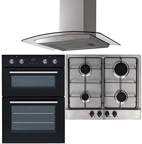 SIA 60cm Double Built-In Fan Oven, 4 Burner Stainless Steel Gas Hob & Curved Fan
