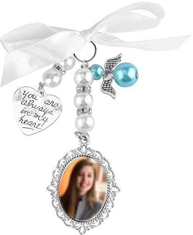 SAVITA 1pc Breloque Photo Bouquet Mariage avec 1pc Cabochons Ovales 1pc Cadre Photo Porte Breloque Bouquet de Mariée avec Noud Papillon Strass Perle Pendentif en Forme de Cour pour Fête de Mariage,
