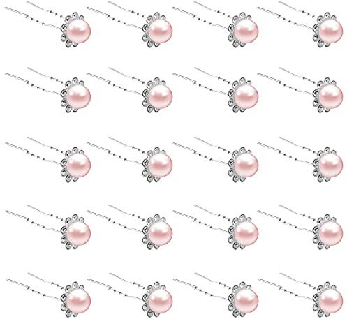 ZOUIQSS 20 Pack (Pink) Pearl Crystal Hair Pins Flower Rhinestone Hair Clips for Bridal Wedding Women Hair Jewelry Accessories,with Clear Container