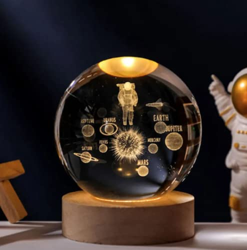 Astronauta-Lampe und Solarsystem 3D-Kristallkugel mit Sockel und USB-LED-Licht