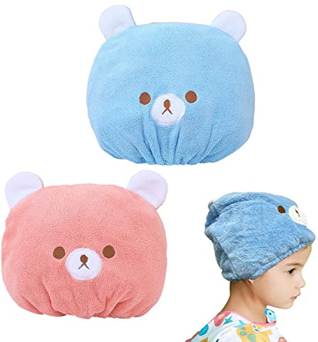 TSHAOUN 2 Stück Haarturban, Haar Handtuch Wrap Für Kinder, Mädchen und Damen, Mikrofaser-Handtuch, wasserabsorbierend süßes Schnell Trocken Haar Badekappe für Alle Haartypen