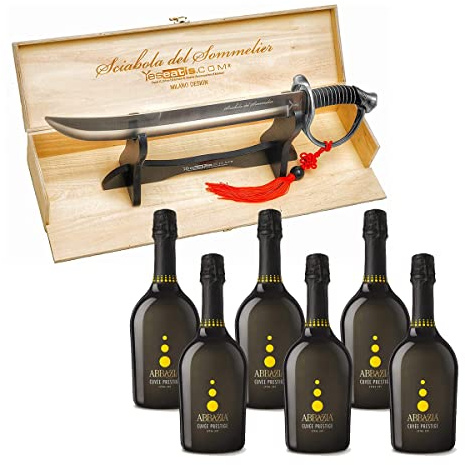 Yeseatis - Sciabola del Sommelier Manico Acciaio con 6 Bottiglie di Spumante Extra Dry Abbazia