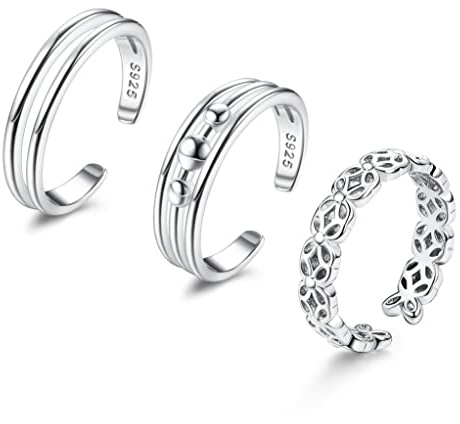 Sllaiss Anneaux d'orteil en argent 925 pour femmes Lot de 3 bagues d'orteil en or blanc Anneaux d'orteil réglables Bagues pour orteils ouverts Bijoux de pieds d'été Set B