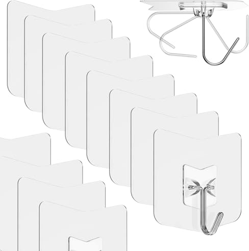 nabreeli Clear Adhesive Wall Hooks No-Drill, Transparent Hooks 12 Pack