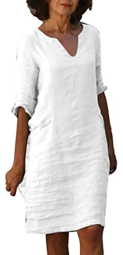 Leinenkleid Damen Sommer V-Ausschnitt Kurzarm Sommerkleid Knielang Leinenkleider Baumwolle Leinen Blusenkleid Casual Drucken Freizeitkleid Strandkleider A-Linie Kleid Luftige Leinen Kleidung