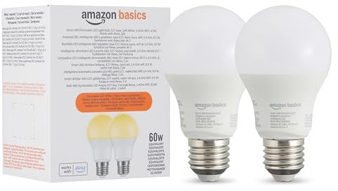 Amazon Basics smarte LED-Glühbirne, dimmbar, E27, sanftes Weiß, 8W (60W Equivalent), funktioniert nur mit Alexa, 2 Stück