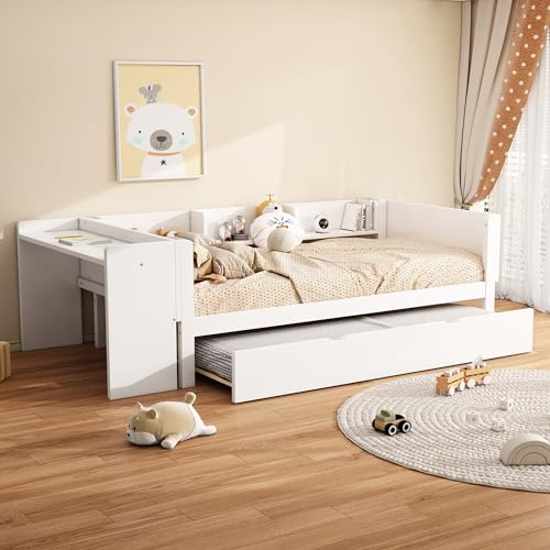 Oxtao Lettino 90 x 200 cm, piano con letto estraibile e scrivania, tre ripiani sul lato del letto (bianco, 90 x 200 cm)