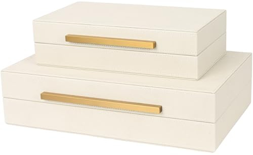 ZIKOUL Beige Shagreen Decorative Storage Boxes – Set of 2 Faux Leather Jewelry & Memory Boxes with Gold Metal Handles, Nesting Photo Organizers for Home Decor, Gift, and Office Organization
