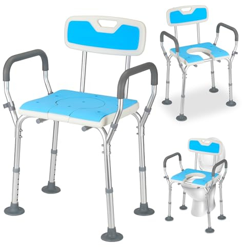 Monucep Duschstol för seniorer, duschpall med armstöd och ryggstöd för seniorer, badpall 150 kg, duschstol, 36–52 cm, justerbar höjd, duschstöd, duschstol