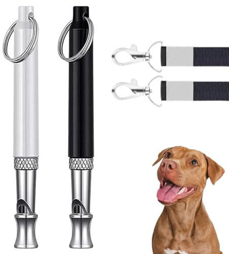 2 Pack Ultrasonic Dog Whistles for Recall, Adjustable Frequency Silent Anti Bark Training Whistles with Lanyards, 304 Stainless Steel for All Dog Breeds, Black & White