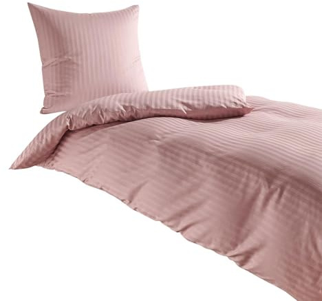 Traumschlaf Mako-Satin Bettwäsche Stripe – Edle Satin Bettgarnitur aus 100% Baumwolle, Glatte & glänzende Premiumqualität mit Ton-in-Ton Streifen – 200x200 cm + 2X 80x80 cm, rosa