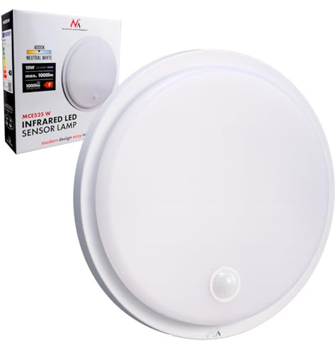 Maclean MCE525 LED-lampa med rörelsesensor | PIR 10 W IP65 Neutral 4000 K 1000 lm Taklampa för utomhus- och inomhusbruk med kontinuerlig drift | Energiklass F (vit)