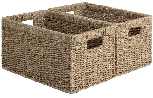 StorageWorks Wicker Baskets for Shelves, Large Shelf Storage Baskets with Handles, Rectangular Wicker Storage Box Organisers, Woven Basket for Organising Pantry Bathroom, Natural Seagrass, 2-Pack