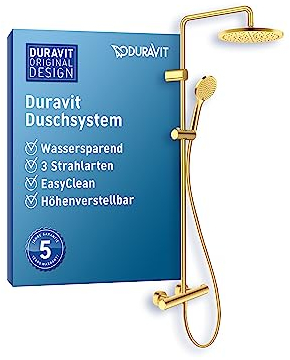 Système de douche Duravit, système de douche à économie d'eau, douche de tête avec 3 types de jets (Rain, Intense Rain, Soft Rain), réglable en angle, kit de douche facile à nettoyer, doré poli