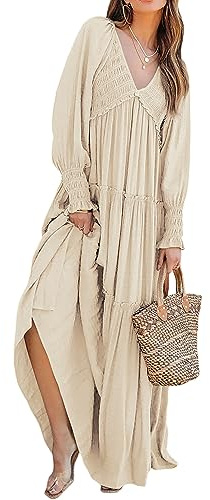 R.Vivimos Maxi Dress for Women Long Sleeve V Neck Empire Waist Layered Ruffle Boho Casual Flowy Long Dresses (Large, Beige)