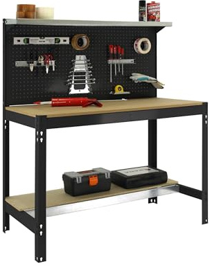 Simon Rack Banco da lavoro per officina, capacità di carico 600 kg, 1445x1210x610 mm, tavolo da lavoro fai da te, Antracite/Legno - BT3