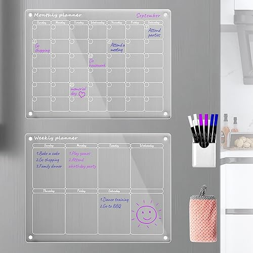 Calendario magnético acrílico mensual y semanal para nevera, juego de 2 pizarras de borrado en seco, calendario reutilizable, incluye 6 marcadores de borrado en seco con 3 colores (40 x 30cm)