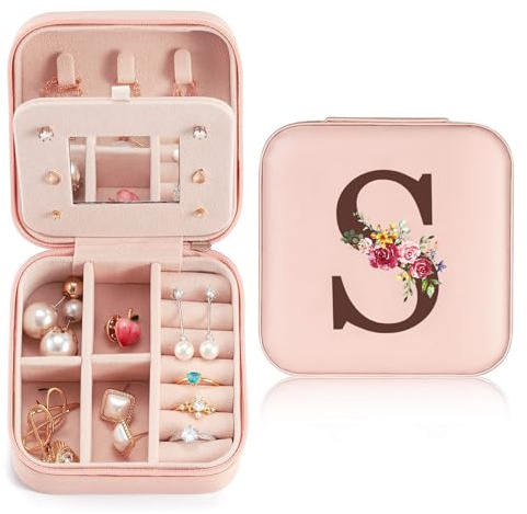 Sinekong Scatola Portagioie da Viaggio Portagioie con Iniziale S e Fiore Mini Porta Gioielli Donna Portagioielli Piccoli con Specchio Ragazza Regalo per Compleanno Anniversario Natale