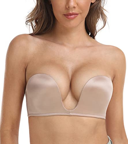 DotVol Donna Reggiseno Senza Spalline Push Up U Reggiseno Imbottito Senza Ferretto con Spalline Staccabili Reggiseno Invisibile a più Vie Beige 5C