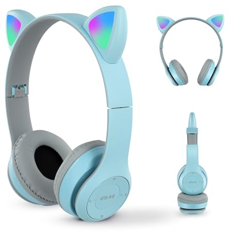 kieyeeno Casque Bluetooth sans Fil pour Enfant - Casque Bluetooth Lumineux - Mode 3 lumières - Microphone intégré - pour PC, téléphone Portable et Tablette - Bleu et Blanc