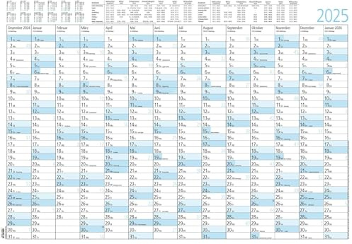 Zettler - Jahresplaner 2025, 86x61cm, Plakatkalender mit 14 Monaten auf 1 Seite, Mondphasen, Arbeitstage-, Tages- und Wochenzählung, Ferientermine und deutsches Kalendarium