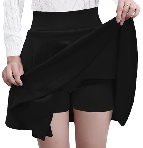 GOOBGS Women's Casual Versatile Mini Skater Stretchy Skirt with Shorts Black Large