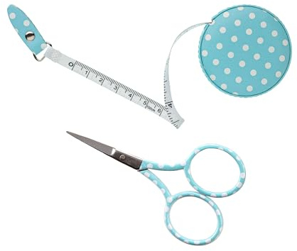 The Quilted Bear - Blue Polkadots 3.5 Embroidery Scissors & Blue Retractable Tape Measure with Double Sided Metric & Imperial Measuring Tape for Sewing, Tailors or a Body Measuring Tape 150cm/60