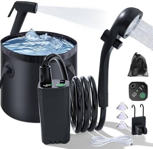 BIGCOW Portable Shower for Camping, 6000mAh Rechargeable Camping Shower Pump with 20L Collapsible Bucket,Shower Head and Bidet Sprayer,IPX7 Waterproof Outdoor Camping Shower (Black)