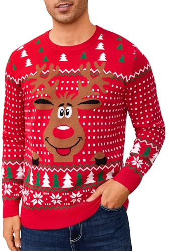 Leversic Pull de Noel Hommes Hiver Drole Noël Sweat Chaud Christmas Jumper Manches Longues Homme Doux Confortable 58-Rouge XXL