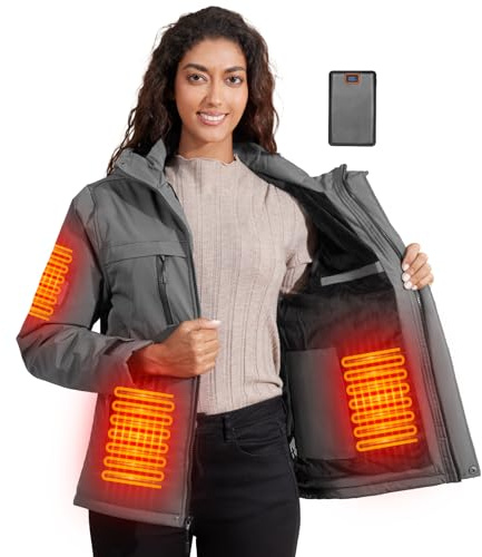 Brimekey Veste Chauffante Femme avec Doublé Polaire, Batterie 20000mAh, Manteau Chauffant Électrique 6 Zones de Chaleur - Imperméable, Coupe-Vent et Lavable pour Ski, Randonnée, Travail en Extérieur