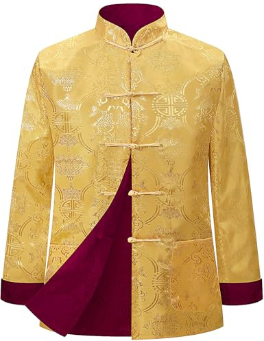 Funny World Chinese New Year Shirt Tang Suit Men Hanfu Traditional Clothes Both Sides Long Sleeve Top, X-Large Red Gold