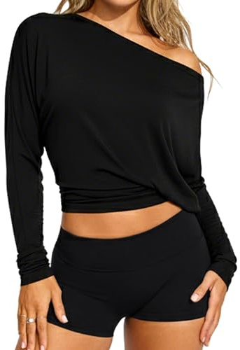 Navneet damer off-shoulder topp långärmad crop top långärmad tröja lös bodycon casual festival outfit, Svart axellös crop, S