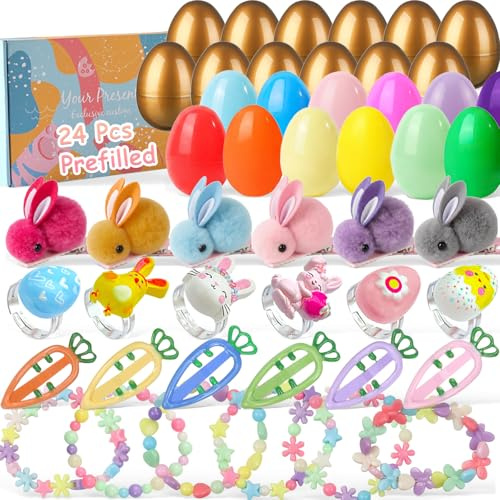 24 Pack Pre Filled Easter Eggs For Kids with Bunny Carrot Jewelry & Hair Clips for Girls Easter Basket Stuffers Egg Hunt Kit, Party Favors Classroom Prize Filler Gifts for Kids Treasure Box Age3+
