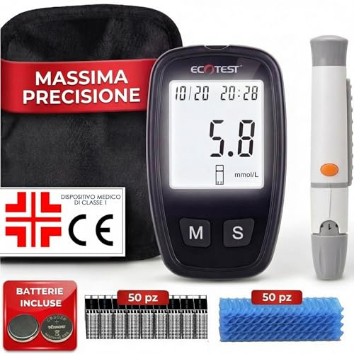 Medicinadellavoro.com Misuratore Glicemia Glucometro, 50 Strisce Reattive e 50 Lancette, per Diabete Tipo 1&2 e Gestazionale, con Astuccio in Omaggio (Glucometro + 50 Strisce + 50 Lancette)