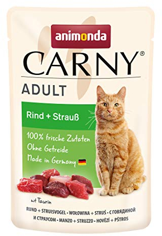 animonda Carny Katzenfutter nass Rind + Strauß, 12 Portionsbeutel (12 x 85g), getreidefreies Katzennassfutter ohne Zucker für ausgewachsene Katzen mit frischen fleischigen Zutaten