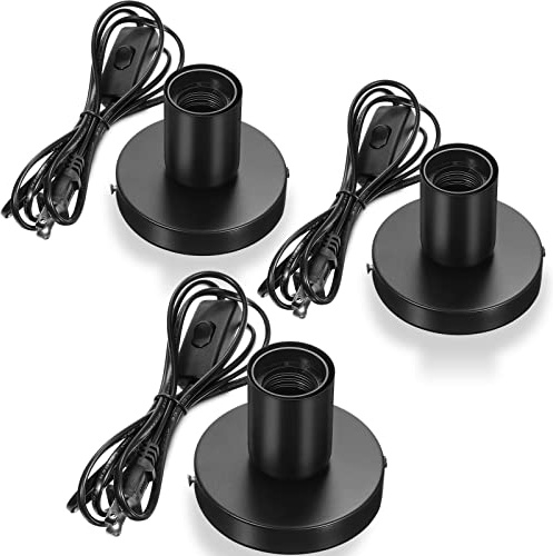 Tuanse 3 Pcs Metal Desktop Lamp Base E26 E27 Screw Light Bulb Holder Polished Light Sockets Base Replacement for Holding Bulb, 6 Feet Black Cord on Off Switch Plug(Black)