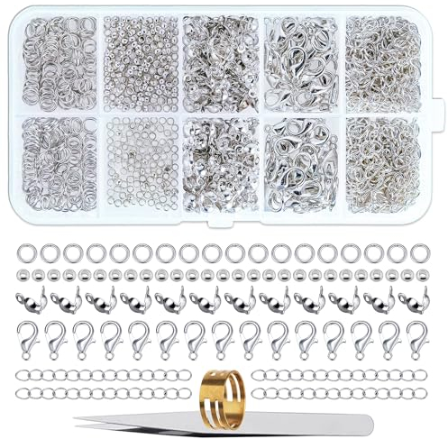 SOSMAR 902 Stück Armband Verschluss Quetschperlen Schmuckherstellung Set Karabinerverschlüsse Biegeringe Quetschperlen Quetschkalotten Kettenverlängerung (Silber), mit Pinzette Ösenöffner